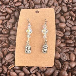 Crystal Buddha Head Drop Earrings - Silver Tone